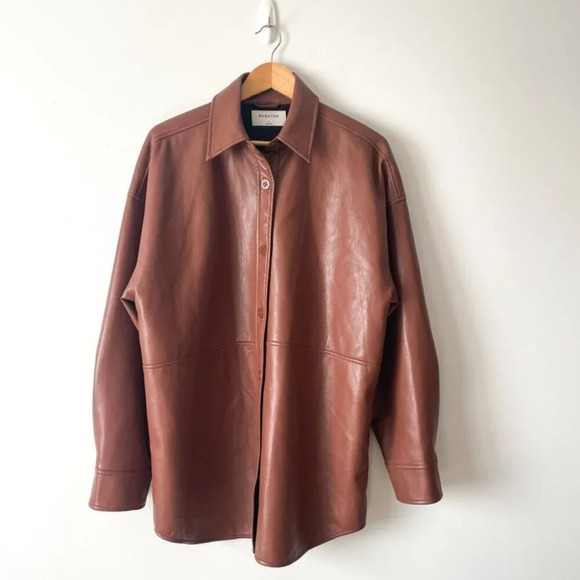 Aritzia Babaton Pelli Faux Leather Vegan Shirt Jacket Cognac Brown Size Large - Picture 4 of 8